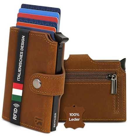 BEWMER v2 Kartenetui aus Echtleder mit RFID-Schutz & Anti-Cloning - Damen & Herren Geldbörse mit Münzfach & Platz für 9 Kreditkarten - Portemonnaie Herren & Damen mit Clipverschluss |Kaffee-Schwarz