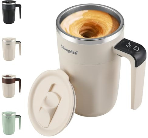 Mongdio Self Stirring Coffee Mug, 13.5 oz, White, Auto Stirring, Temperature Display, USB Charging, Modern Style, For Coffee, Milk and Other Beverages