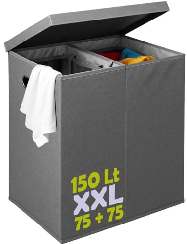 BAKAJI Cesto Portabiancheria Sporca 150 L a 2 Scomparti, Cestino Doppio con Sacchi Estraibili per Biancheria e Bucato, Vassoio di Smistamento con Maniglie Metallo, Coperchio Antiodore, 64 x 36 x 65cm