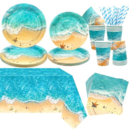 Beach Party Decorations Supplies Include Plates Tablecloth Napkins Tableware for Summer Pool Hawaiian Party Birthday Decorations, Serves 20