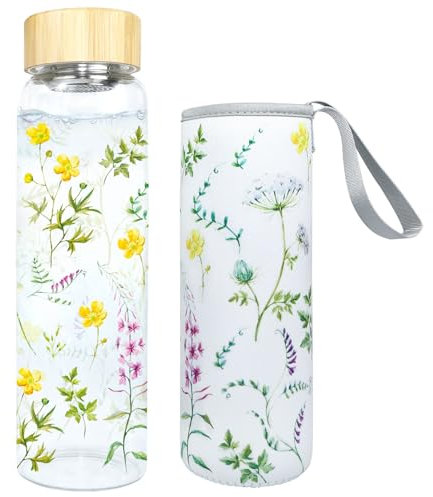 Glasflasche 1 Liter Trinkflasche Glas Wasserflasche,5,5 cm Weithals Glastrinkflasche mit Schutzhülle & Edelstahl Sieb,BPA-frei,Auslaufsichere Trinkflasche Kohlensäure Geeignet Glass Bottle (Gelb)