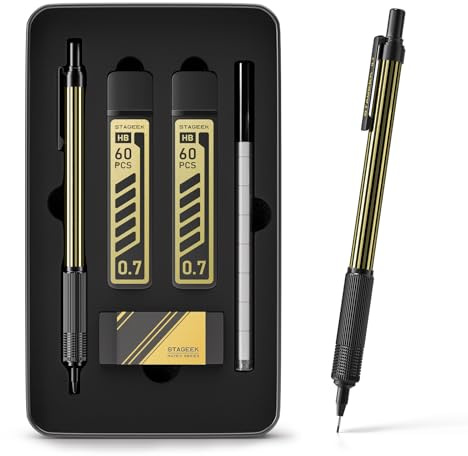 STAGEEK 0.7mm Mechanical Pencils with Metal Gift Case, Metal Mechanical Pencil with 120Pcs HB Lead Refills,4B Erasers and 9PCS Eraser Refills, for Writing Drafting Drawing and Sketching(Gold)