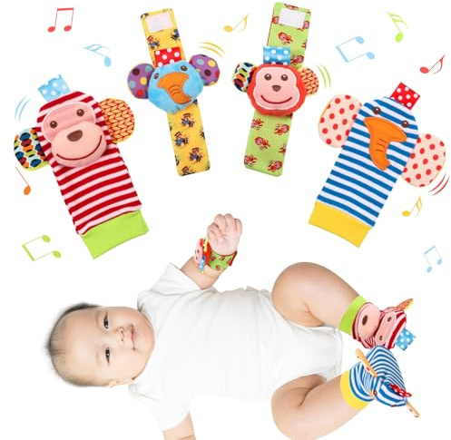 Halinuia 4 Pcs Hochet Bébé 0-3 Mois Poignet et Chaussettes Hochet Bebe Bell Strap Poignet et Pied Finder Jouets D'éVeil Jouet Développement Sensoriel Naissance Cadeau pour 0 à 12 Mois (Multicolore)