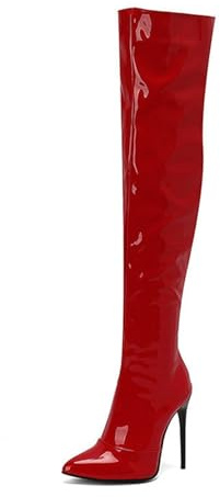 Dasongff - Botas altas para mujer sexy de látex con tacón alto de aguja caliente invierno bota mujer sexy rodilla bota elástica talón bloque pantorrilla negro marrón, rojo, 35 EU