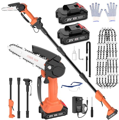 Cordless Pole Saw 12.47Ft, 2 in 1 Long Reach Saw & Handheld Chainsaw 6'', 90° Adjustable Head 2 * 4.0 Ah Rechargeable Battery Electric Extension Pole Chainsaw 4* Chain for Garden Tree Trimming