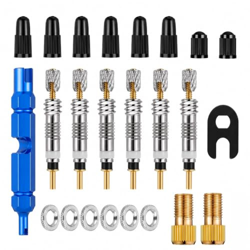 24 Pièces Valve Cores Obus Valve pour Presta et Schrader pour Vélo, Valve Tubeless VTT Adaptateurs Valve, Outil Démonte Obus, Capuchons, Écrous de Jante et Clé de Valve pour VTT Route Tubeless