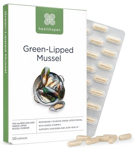 Healthspan Green Lipped Mussel (120 Capsules) | for Bone & Cartilage Support | Added Vitamin C | 500mg Responsibly Sourced New Zealand Green Lipped Mussel Powder