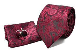 Krawatte Set mit Paisley Einstecktuch und Manschettenknöpfe für Herren - 100% Seide Klassisch Elegant Modern Geschenk ideal Männer zum Geburtstag eine Hochzeit