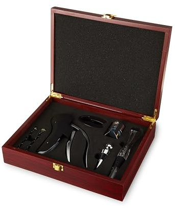 True Wine Tools Set with Cherry Stained Wooden Gift Box, Includes Lever Corkscrew, Foil Cutter, Aerator Pourer, 2 Worms, Chrome Bottle and Champagne Stopper, Home Bar Accessories, 7 Piece