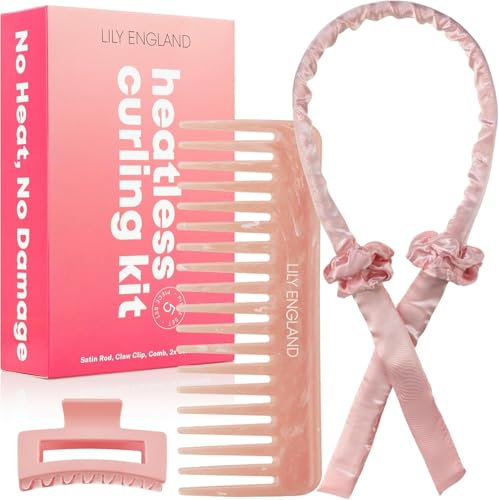 Bigodino Lungo per Boccoli Lily England - Set 5 Pezzi per Ricci Senza Calore - Con Clip e Pettine - Fascia in Raso per Boccoli Durante il Sonno