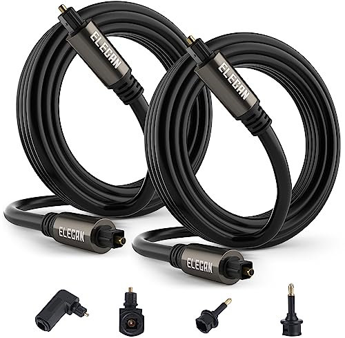 Elecan Optical Audio Cable 6 Ft/2 Pack Digital Audio Toslink Cable Cord-Fiber Optic-Gold Plated-Flexiable&Durable-for Home Theater,Sound Bar,PS4& Xbox-with Right Angled+Mini Toslink Adapters+Ties