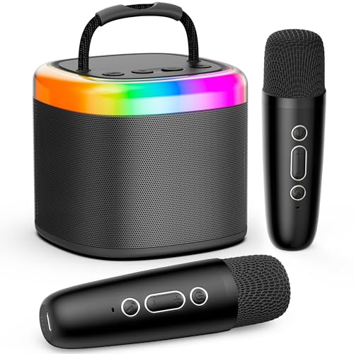 JYX Mini Karaoke Machine for Kids, Portable Bluetooth Karaoke Speaker with 2 Wireless Microphones and Party Lights, Birthday Gift Toy for Girls and Boys Ages 3–12 for Singing and Home Party (Black)