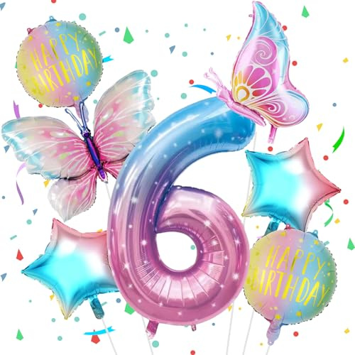 Födelsedagsdekoration flicka 6 år, VUCDXOP 6 år fjäril födelsedag dekoration, fjäril ballong 6, födelsedagsdekoration 6 år flickor, jätte folieballong nummer 6 för födelsedag fest dekoration