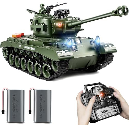 RC Panzer 1:18 US M26 Armeegrün, 2.4GHz Ferngesteuert mit Schussfunktion, WW2 Panzer Modell der Airsoft-BBS und Wasserbomben, Spielzeug mit Licht und Sound für Erwachsene und Kinder