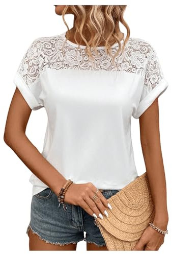 GORGLITTER Damen Spitzen T-Shirt Kurzarm Oberteil Sommer Spitzentop Sommershirt Bluse Elegant Weiß XL