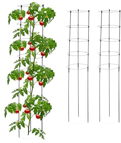Relaxdays Sostegni Circolari per Pomodori, Set da 3, Supporti Piante Rampicanti, Alti 150 cm, 5 Anelli, Metallo, Nero