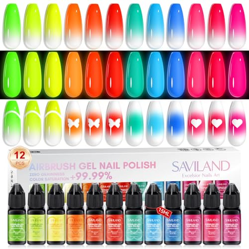 Saviland Kit de 12 Vernis à Ongles Airbrush: Vernis Semi Permanent Airbrush Non Dilué Professionel, Vernis Gel Airbrush Fluorescents, Ket de Airbrush Nail pour Salon de Manucure DIY, Cadeau et Fête