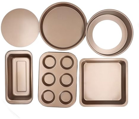 Backgeschirr-Sets, Backformen-Set, Antihaftbeschichtete Ofenform für die Küche, 6-teilig, Inklusive Rost, Backblech, Kuchenformen, Kastenform, Muffinform, Pizzaform (gold)