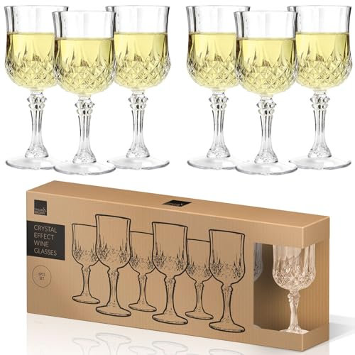 Taylor & Brown Durable 6 Pack Clear Crystal Effect Wine Glasses with Stem - 200ml Plastic Red and White Wine Transparent Glasses Drinking Drinks Cups Reusable