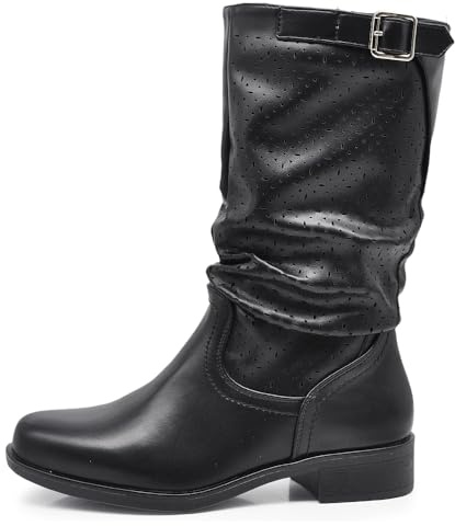 IF Fashion Stivali Stivaletti da Donna Biker Motociclista Traforati Primaverili Estivi Con Fibbia YL205 nero N.38