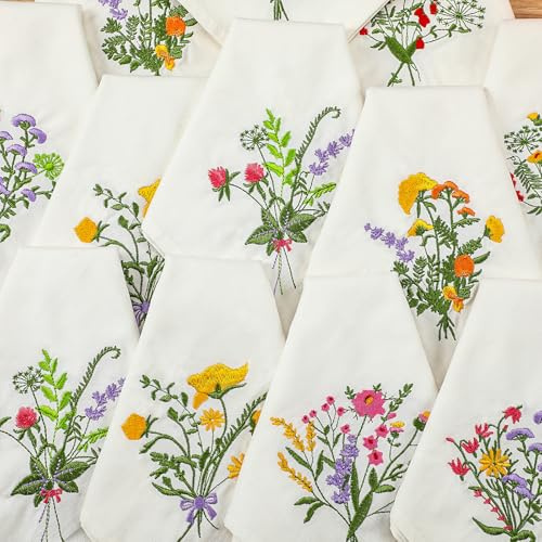 Tioncy 18 Stück Blumenstickerei-Servietten, 45,7 cm, Stickerei, Blumen, Leinen, Baumwolle, Servietten, Großpackung für Hochzeit, Tee, Cocktail, Frühling, Blume, Geburtstag, Party, Tischdekoration