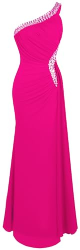 Angel-fashions Women's One Shoulder Ruching Beading Ribbon Soft Evening Gown Fuscia Pink Size 22