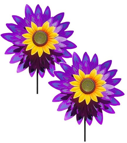 Lot de 2 moulins à vent en forme de fleur, tournesol, sculptures à vent rotatives à 360 °, 75 cm, carillons de jardin comme décoration pour cour, pelouse et terrasse (A)