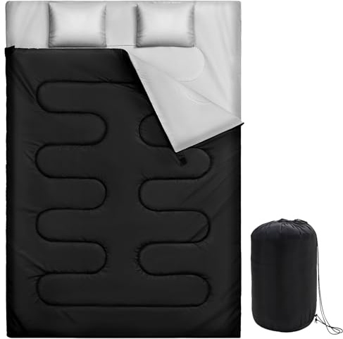 Warmiehomy Double Sleeping Bags for Adults with 2 Pillows, 3 Season King Size Sleeping Bag, 300 GSM Waterproof XL Sleeping Bag with Carrying Bag for Indoor & Outdoor Use, Warm Camping Quilt(Black)