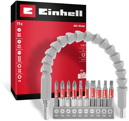 Original Einhell Bit-Set 11-tlg. (300 mm biegsame Welle, Dauermagnet, 10 Bits 50 mm, Chrom-Vanadium, 1/4 Zoll E 6.3 Schaft, für Akkuschrauber)