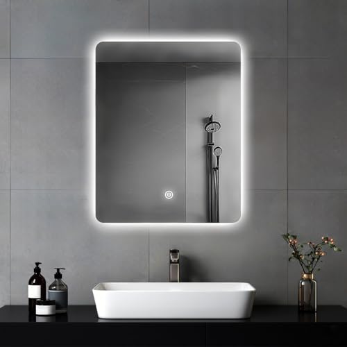 MYGIIVOVO Miroir mural de salle de bain, avec éclairage, 60 x 45 cm, avec lumière LED, interrupteur tactile et 3 couleurs à intensité variable (rectangulaire)