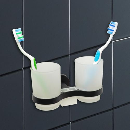 IPEA Porta Spazzolino Adesivo da Parete con Doppio Bicchiere - Non Necessita Foratura - Design Moderno - Elegante Porta Spazzolini e Dentifricio da Muro Incollare in Bagno, Doccia - Supporto Nero