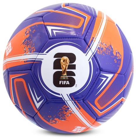 Hy-Pro Pallone da calcio a turbina con licenza ufficiale FWC26, taglia 5, palla da allenamento con trofeo e grafica delle Nazioni ospitanti, regalo per ragazzi, design Coppa del Mondo FIFA 2026, viola