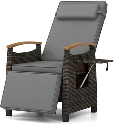 COSTWAY Garden Recliner Chair, Patio Rattan Reclining Armchair with Adjustable Backrest & Footrest, Flip Side Table, Cushion and Acacia Wood Armrests, Outdoor Wicker Chaise Lounge Chair (Grey)