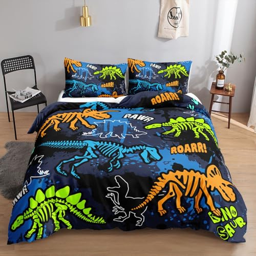 HOSIMA Juego de ropa de cama con diseño de dinosaurios, 135 x 200 cm, color azul y negro, 1 funda de almohada, con cremallera, adecuado para niños, adolescentes y adultos
