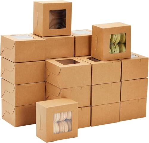 Mokolife 50 Stk Kraftpapier Gebäckschachtel mit Sichtfenster Bäckerei Boxen 10.2x10.2x6.3cm f. Donut, Cupcake, Cookies, kleine Geschenk,Gebäck,Kekse,Muffin