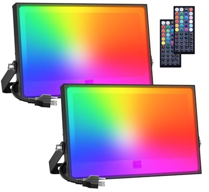 Onforu 2 Pack LED RGBW Flood Lights Outdoor 70W, 2700K Warm White Dimmable Million Color Changing Floodlight Waterproof with Remote, DIY Stage Lights Uplighting Indoor for Party