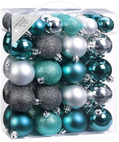 Inge-glas 50 Christbaumkugeln Kunststoff 4cm und 6cm Kugelbox 50 teilig (Emerald Grey Mix (türkis grau Silber))