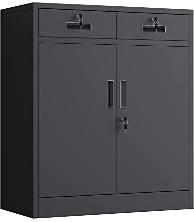 JINGUR Metal Storage Cupboard with Locking Doors and 2 Drawers, Lockable Storage Cabinet with Adjustable Shelf for Home Office and Garage (Black)