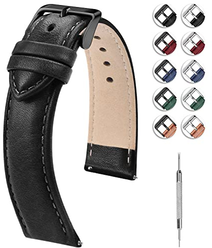 Fullmosa 22 mm klockarmband, läderarmband, ersättningsband, utbytbart klockarmband för herr och dam, 22 mm, svart + svart spänne