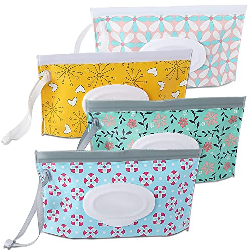 SANNIX 4 Feuchttücher Tasche für Babys,Feuchttücher Tasche für Unterwegs,Wiederverwendbar Wet Wipe Tasche,Baby Feuchttuchspender,feuchttücherbeutel für babys Tragbar(Blumen)
