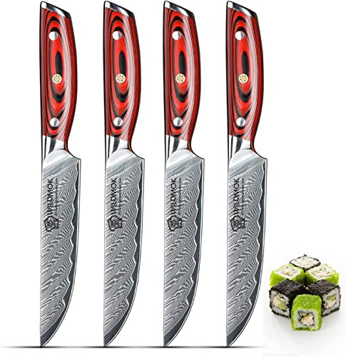 WILDMOK 13cm Damaskus Steak Messer Set, 4pcs Sharp Professional Steak Küchenmesser, 12,7 cm, japanische Super VG10 Stahl Multifunktions Küchenmesser mit vollem Tang G10 Griff