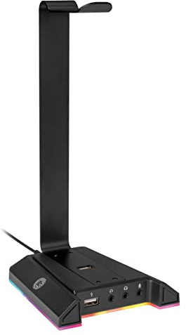 myWall HK2L hörlurshållare, hörlursstativ med RGB ljuseffekt och 7,1 virtual surroundeffekt, med 2 USB-portar, spelheadset stativ för alla hörlurar i svart, 11,8 cm