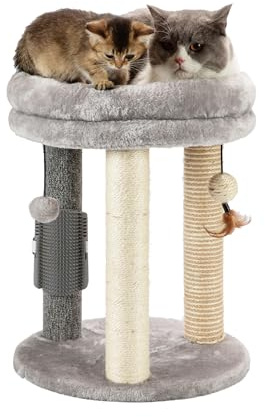 MECOOL 4in1 Small Cat Tree,Scratching Post with Tower Soft Bed, Sisal Carpet Jute Posts with Three Hanging Ball Toys and Massage Brush for Indoor Cats and Kittens