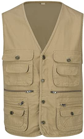 YOUTHUP Herr Multi Pocket Gilet utomhus fiskeväst bomull fotografi jakt safari väst användbarhet ärmlös jacka, gUL, XXL