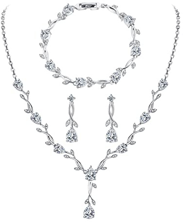 EPVOA Bridal Jewellery Set for Wedding, AAA+ Cubic Zirconia Necklace Bracelet Drop Dangle Earrings Set, Costume Jewelry Prom Party Engagement Wedding Jewellery for Bridal Bridesmaid (a-silver)