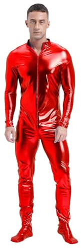 Aiihoo Män, body, metallisk, helkroppsdräkt, långärmad, overall, overall, gymnastikdräkt, discodanskostym, karneval, maskerad, röd, 3XL