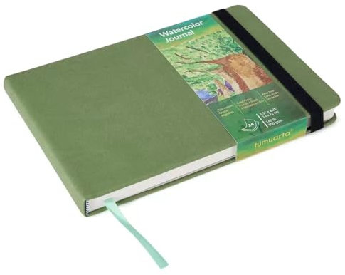 tumuarta Aquarell Skizzenbuch, 300g, 25% Baumwolle, 14x21 CM, 24 Blatt, 48 Seiten, Säurefrei, Aquarellbuch, Mixed Media Künstlerpapier Aquarellpapier Block Ideal für Aquarell, Acryl (grün, 21X14 CM)