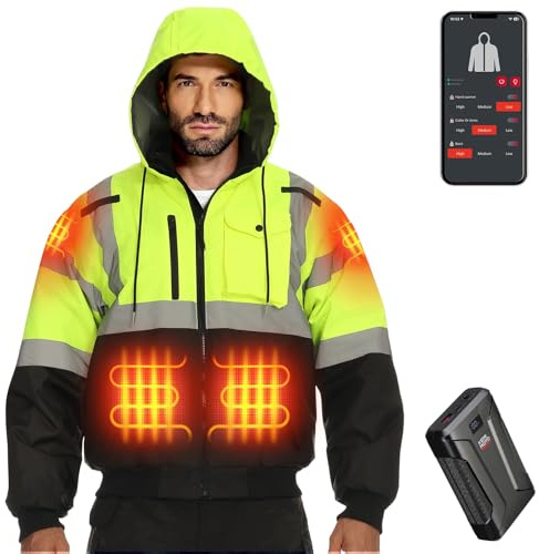 KEMIMOTO Chaqueta Calefactable Diseño 3 en 1 con APP, Chaqueta Térmico de Trabajo con Protección Advertencia, Reflectante Impermeable y Resistente al viento, 7 Zonas de Calentamiento