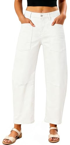 EVALESS Womens Baggy Barrel White Jeans High Waisted Wide Leg Boyfriend Denim Ankle Pants Size 8
