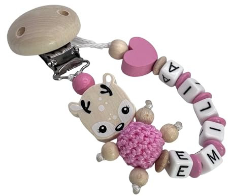 AVH Enterprise Schnullerband mit Namen für Mädchen & Jungen personalisierte Baby Geschenke (Reh Herzchen)
